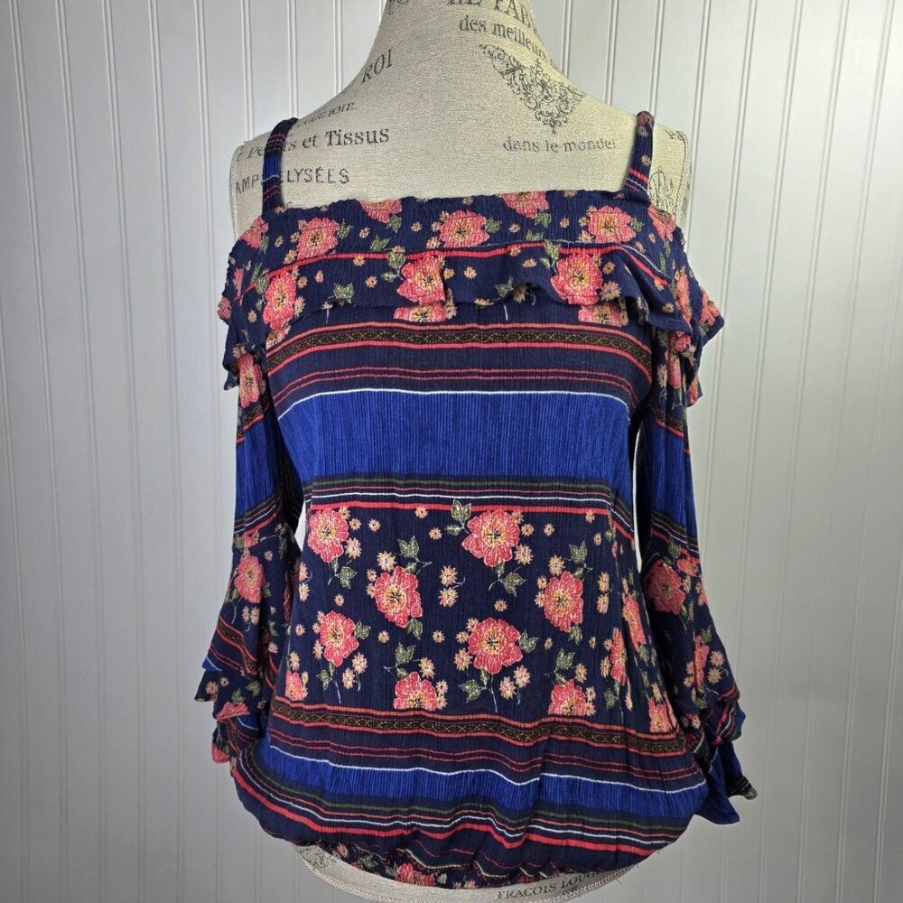 Democracy Blouse Womens Medium Blue Floral Cold Shoulder Bell Sleeve Fairy